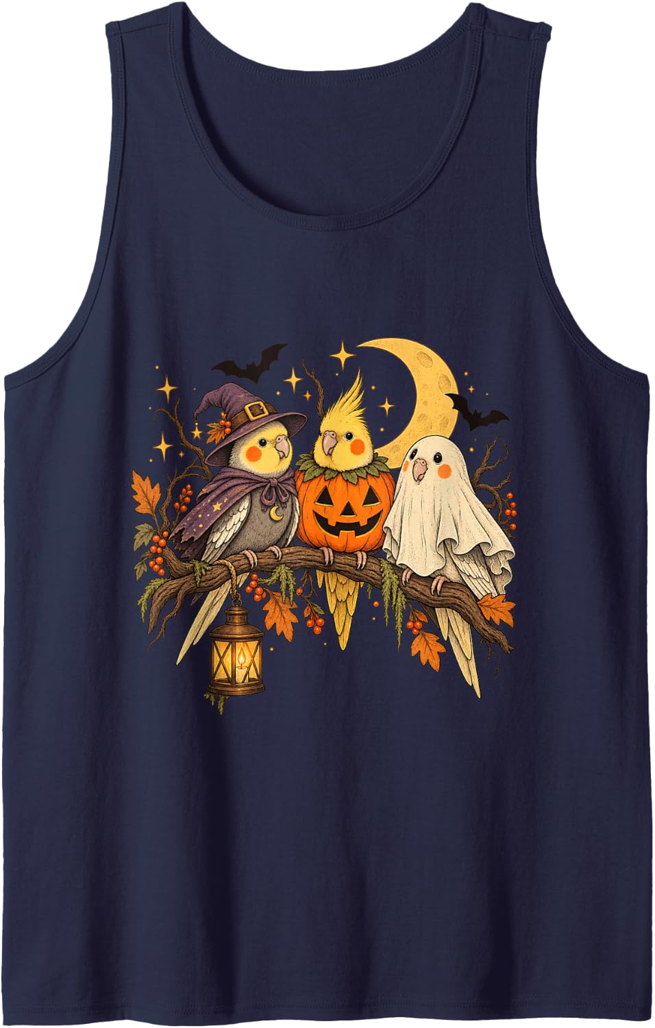 Halloween Cockatiel Birds Witch Ghost Pumpkin Costume Sleeveless Tank Top - Navy Blue
