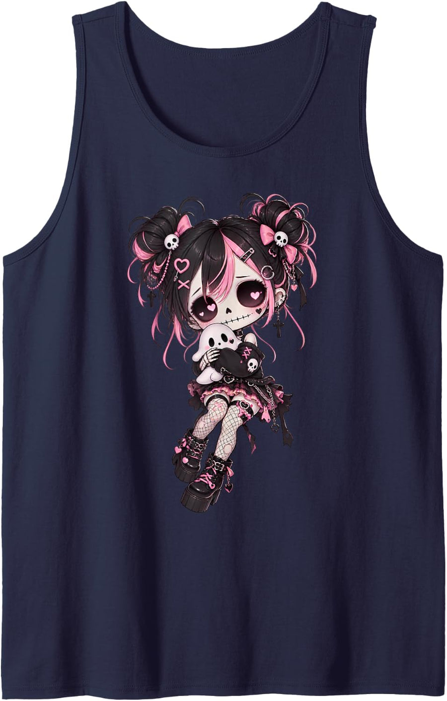 Pastel Goth Skeleton Girl Hugging Ghost Cute Chibi Halloween Sleeveless Tank Top - Navy Blue