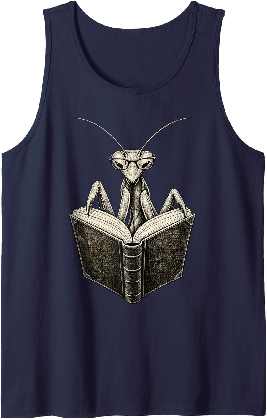 Reading Mantis with Glasses Book Lover Library Funny Humor Sleeveless Tank Top - Navy Blue