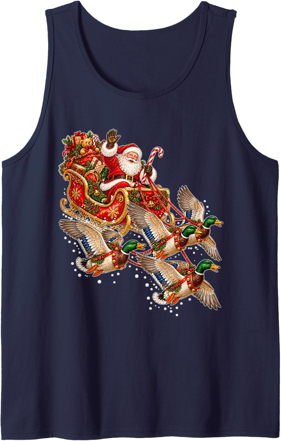 Santa Sleigh Flying Mallard Ducks Hunting Christmas Sleeveless Tank Top - Navy Blue