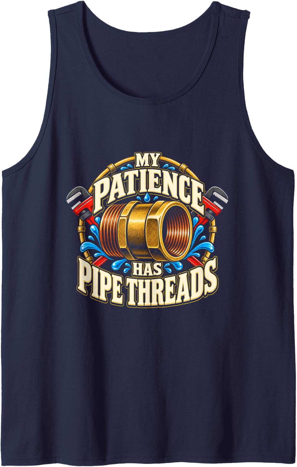 Plumber Humor My Patience Has Pipe Threads Sleeveless Tank Top - Navy Blue