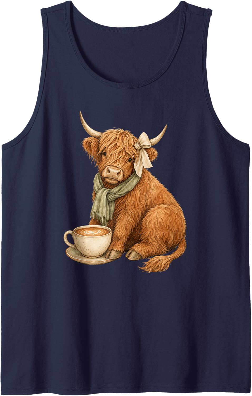 Highland Cow Calf with Latte Bow and Scarf Sleeveless Tank Top - Navy Blue