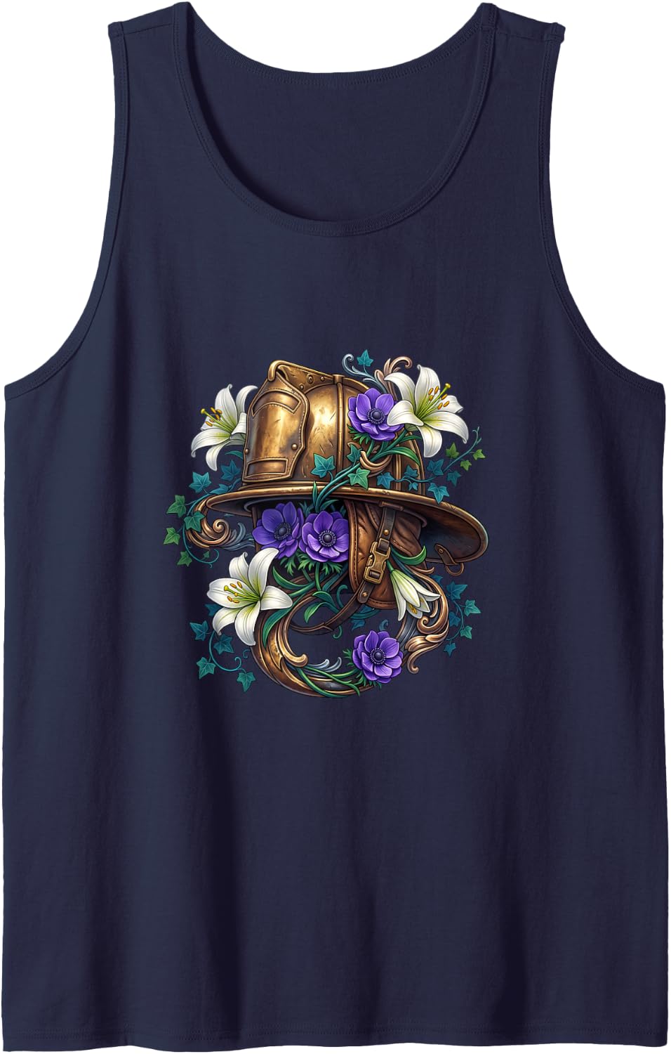 Steampunk Top Hat with Elegant Lilies Sleeveless Tank Top - Navy Blue