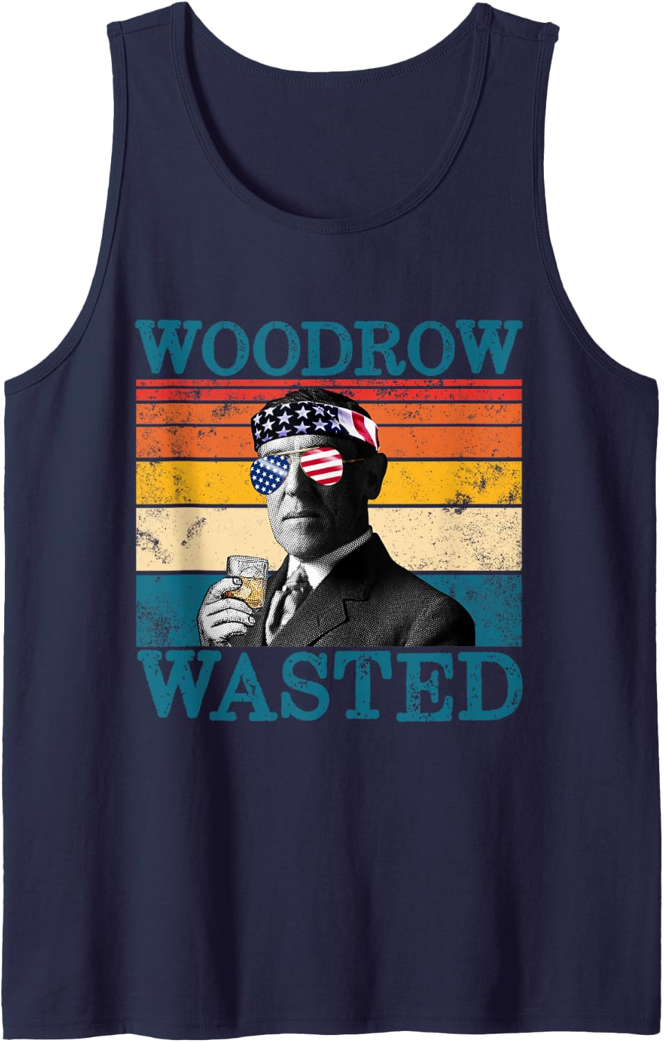 Woodrow Wasted Patriotic Retro Drinking President Wilson Tank Top - Navy Blue