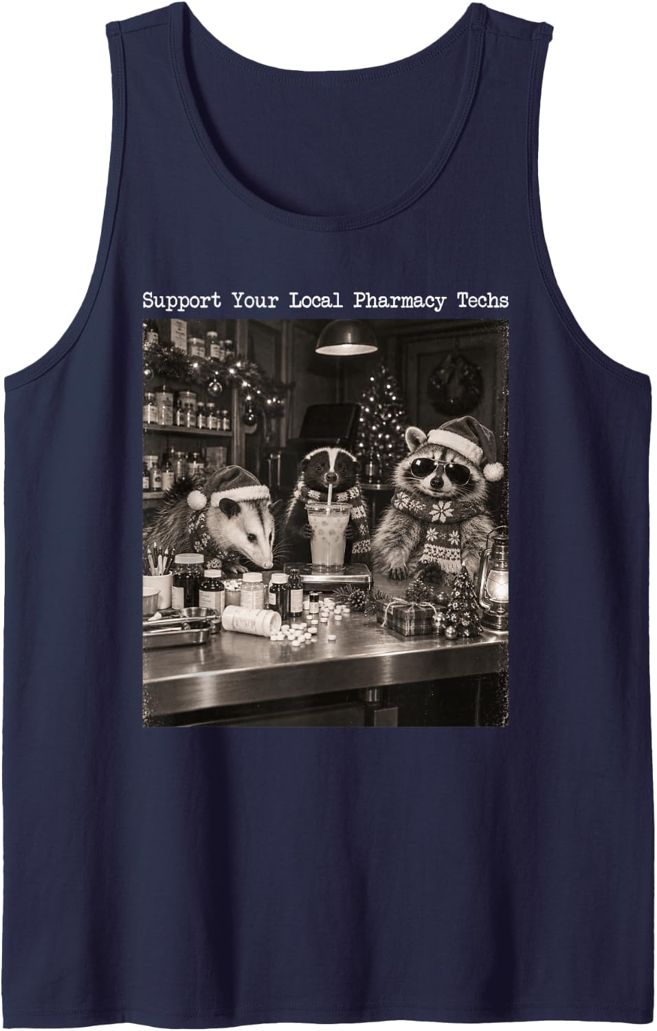 Support Your Local Pharmacy Techs Xmas Raccoon Pharmacist Sleeveless Tank Top - Navy Blue