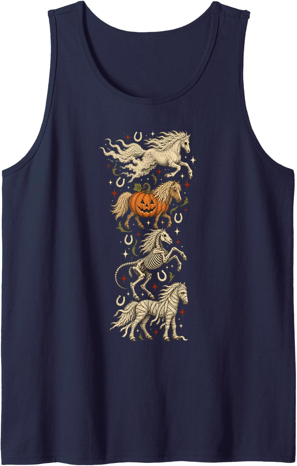 Halloween Horse Lover Vintage Ghost Skeleton Equestrian Sleeveless Tank Top - Navy Blue