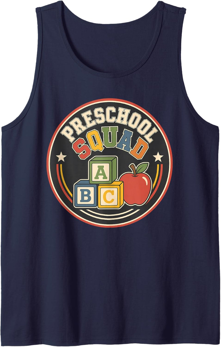Preschool Squad ABC Blocks Apple Retro Teacher Tank Top - Navy Blue