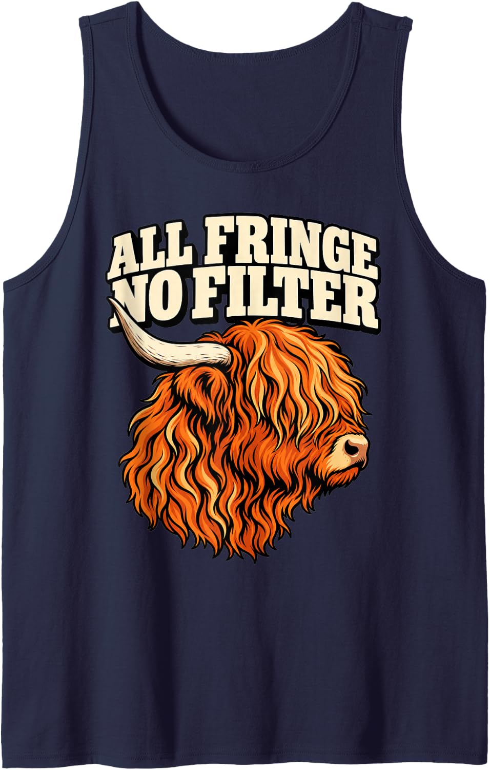 Highland Cow All Fringe No Filter Ranch Owner Horn Sleeveless Tank Top - Navy Blue