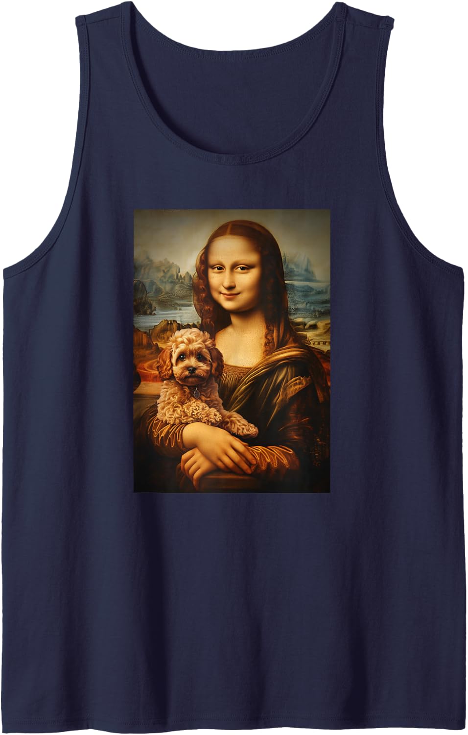 Cockapoo Mona Lisa Painting Art Dog Mom Dad Sleeveless Tank Top - Navy Blue