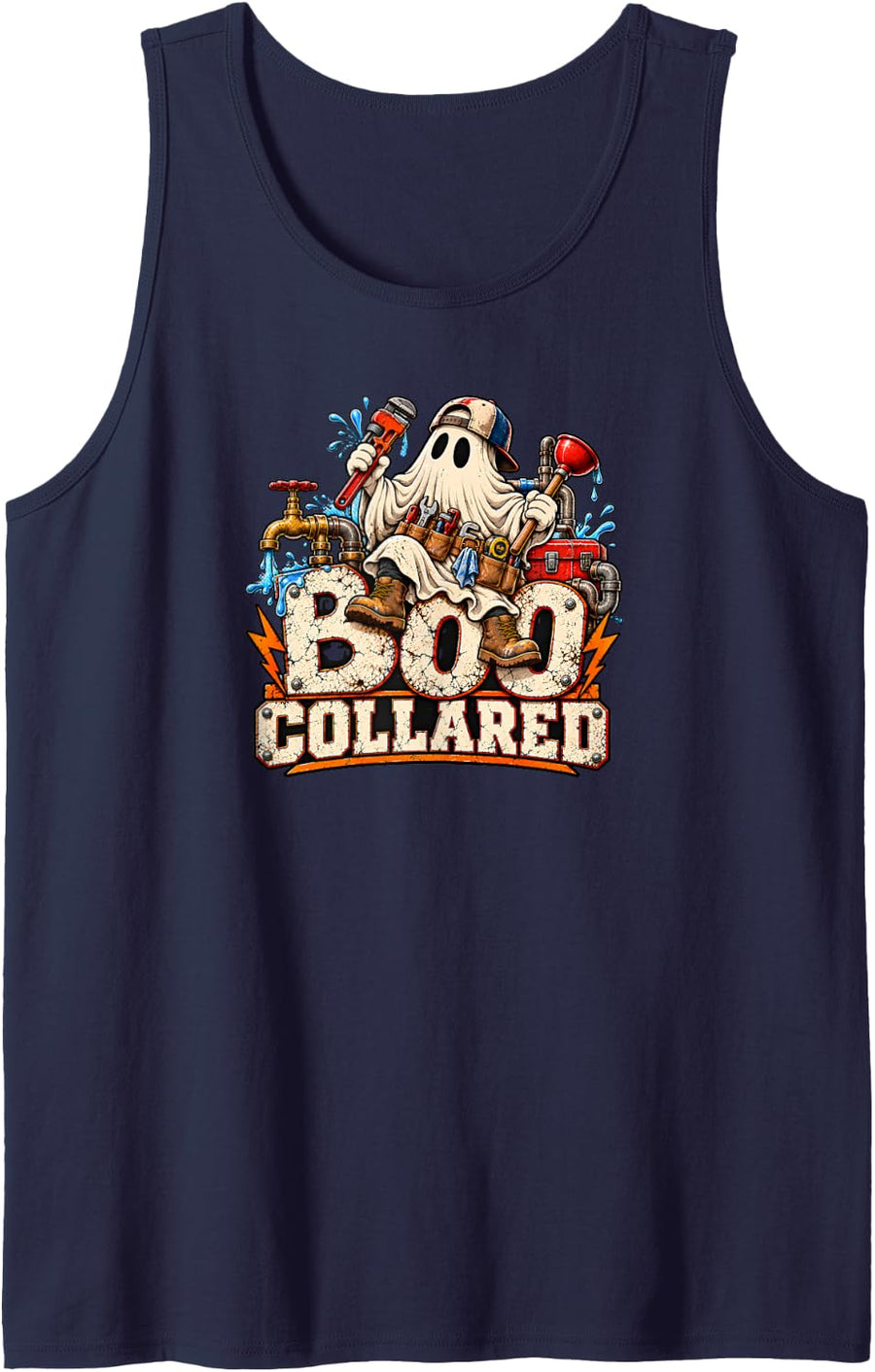 Boo Collared Plumber Ghost Halloween Plumbing T-Shirt Sleeveless Tank Top - Navy Blue