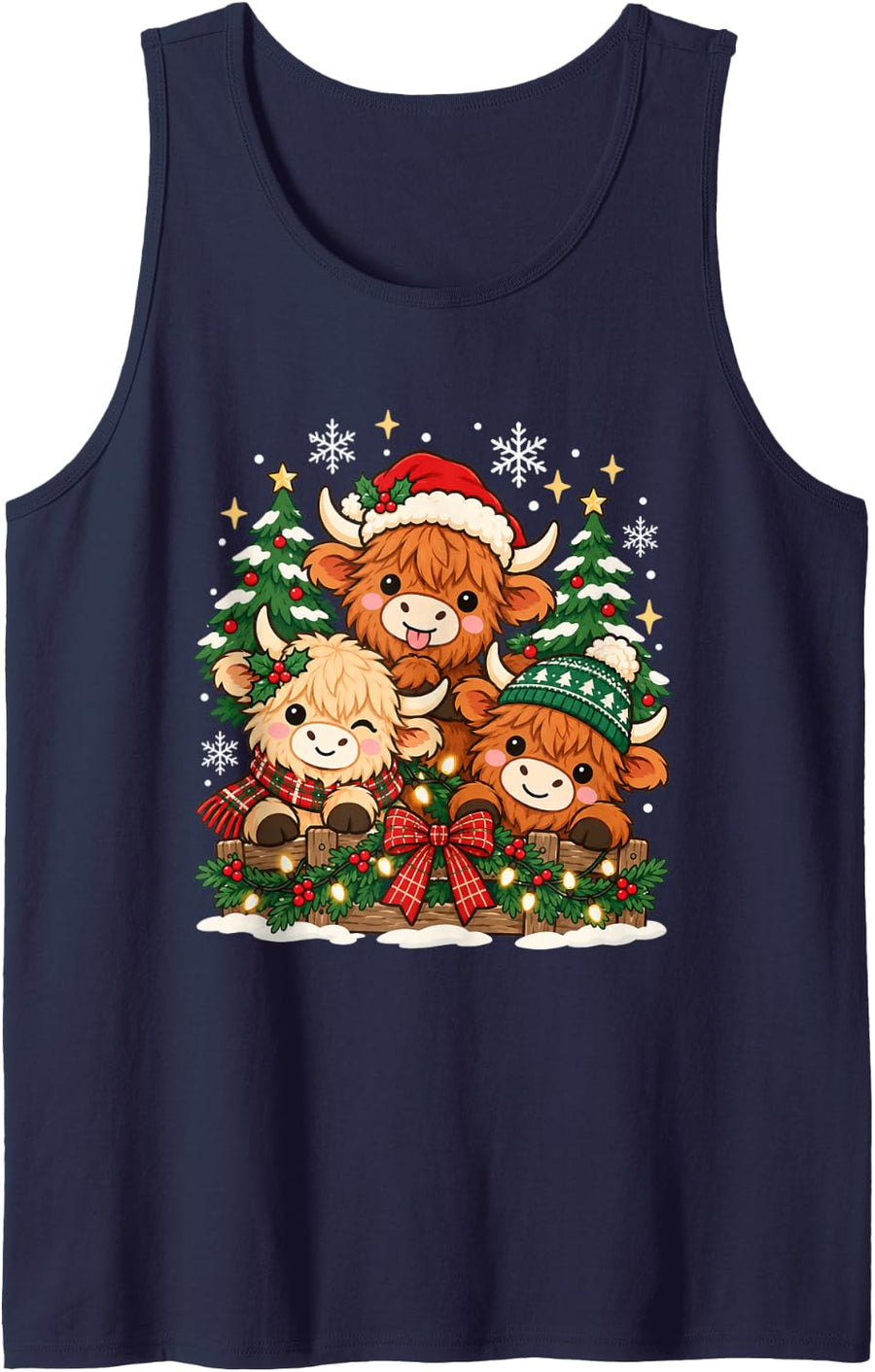 Cute Christmas Highland Cows Winter Holiday Season Sleeveless Tank Top - Navy Blue