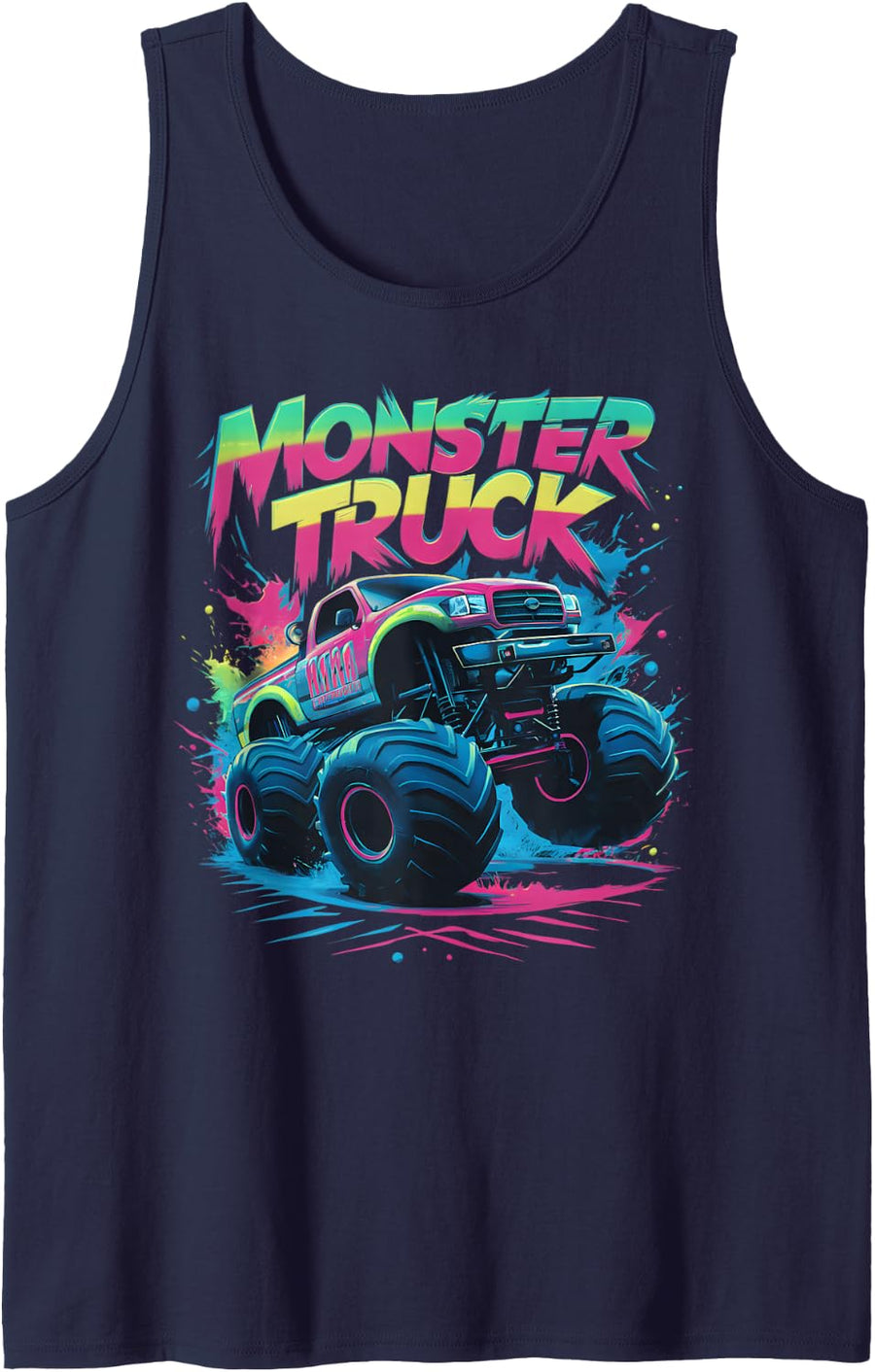 Monster Truck Retro Colorful Kids Boys Girls Men Women Sleeveless Tank Top - Navy Blue
