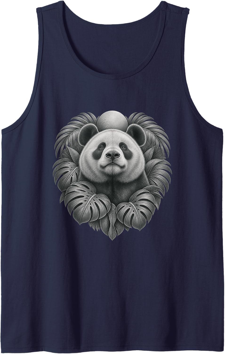 Giant Panda with Monochrome Tropical Leaves and Moon Sleeveless Tank Top - Navy Blue