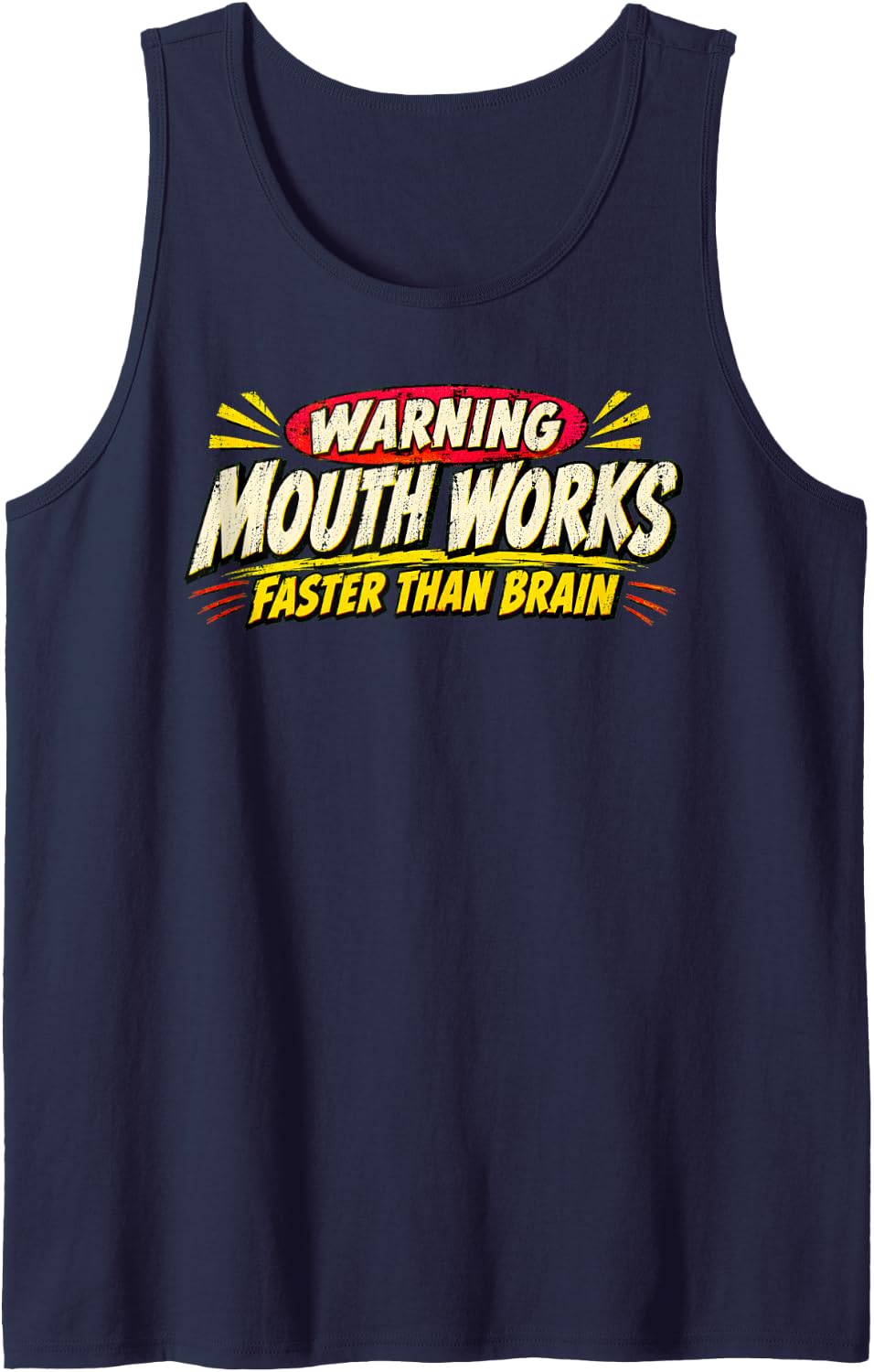 Warning Mouth Works Faster Than Brain Comic Sarcastic Humor Sleeveless Tank Top - Navy Blue