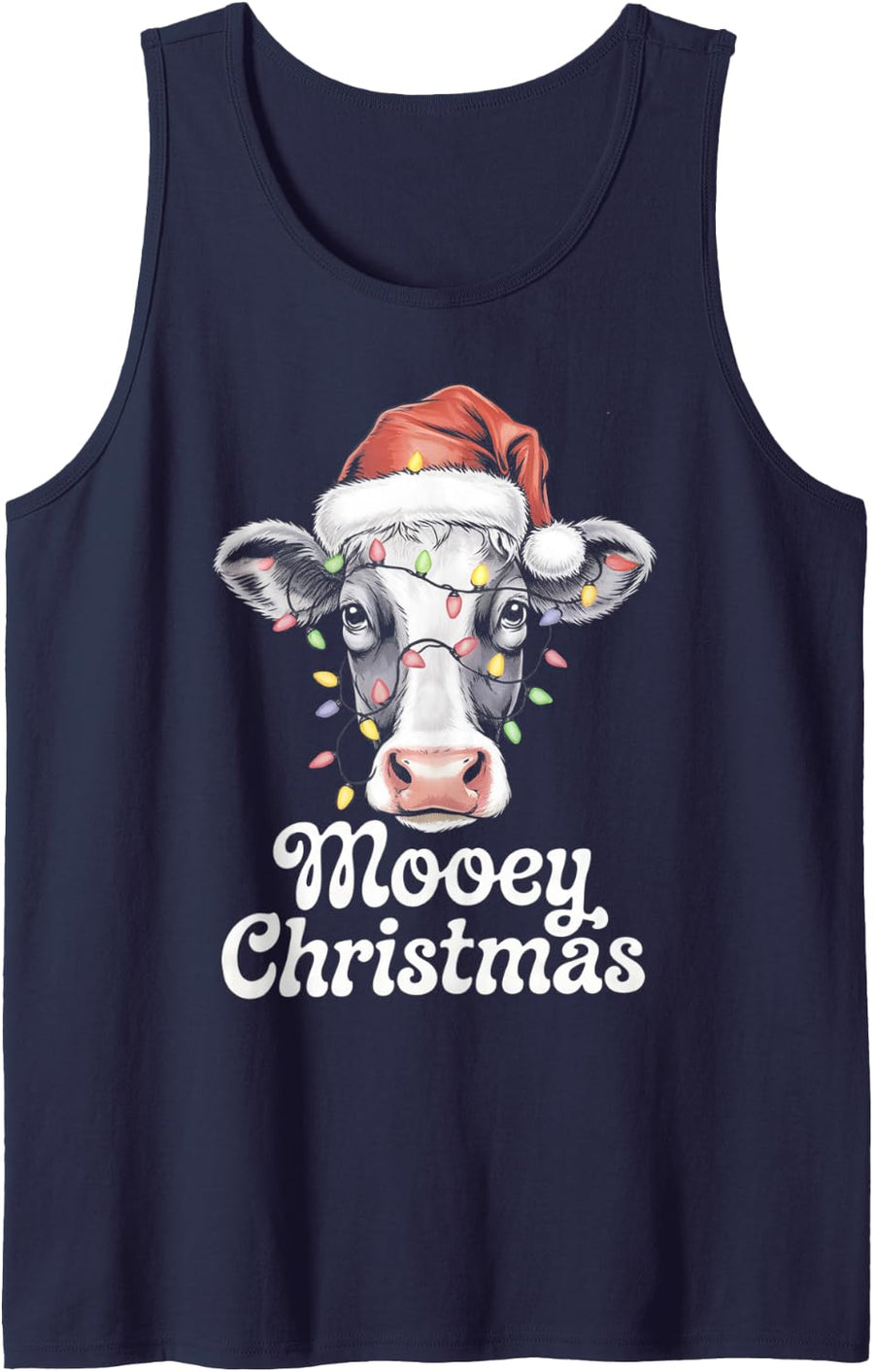 Mooey Christmas Santa Christmas Lights Cow Lovers Sleeveless Tank Top - Navy Blue
