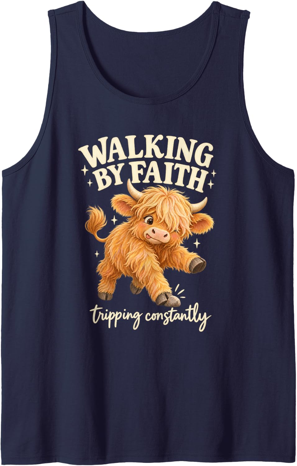 Fluffy Storybook Cow Walking By Faith Tripping Constantly Sleeveless Tank Top - Navy Blue