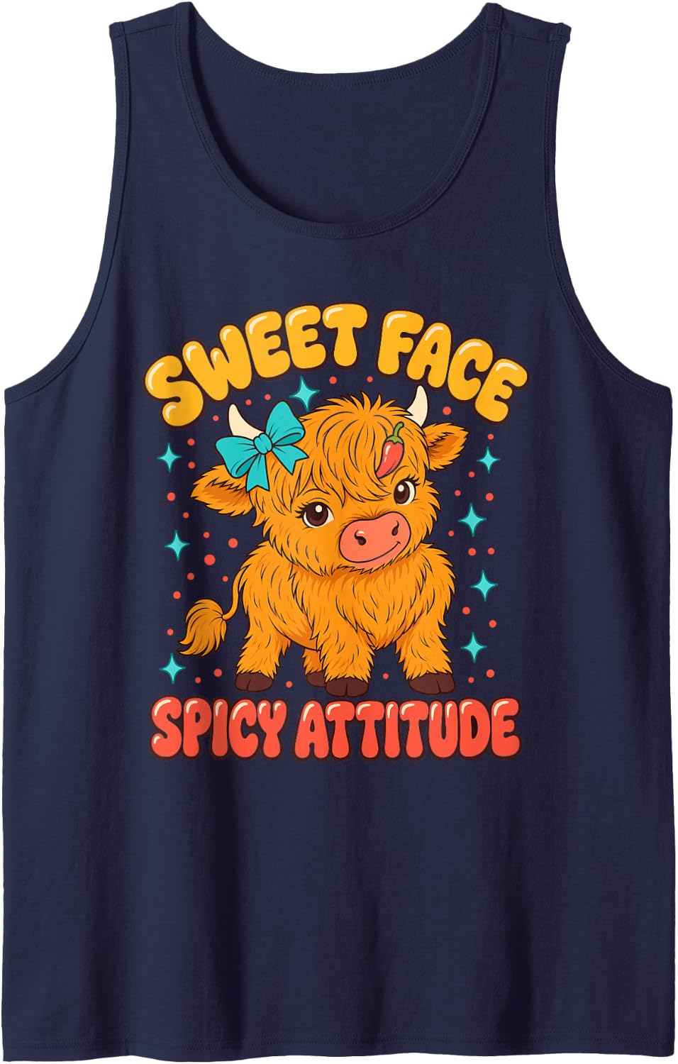 Sweet Face Spicy Attitude Highland Cow Girl Women Sleeveless Tank Top - Navy Blue