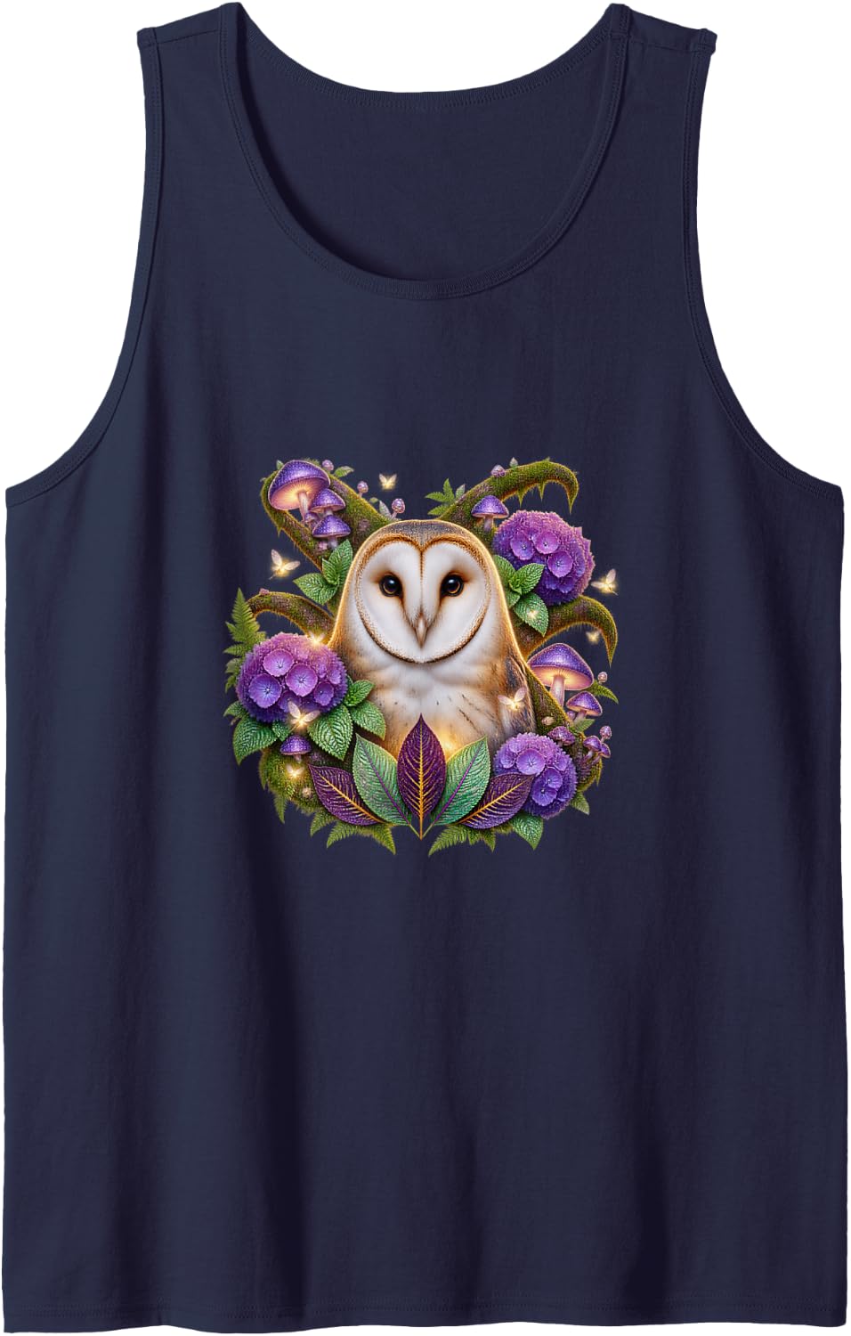 Barn Owl with Purple Woodland Flowers Sleeveless Tank Top - Navy Blue