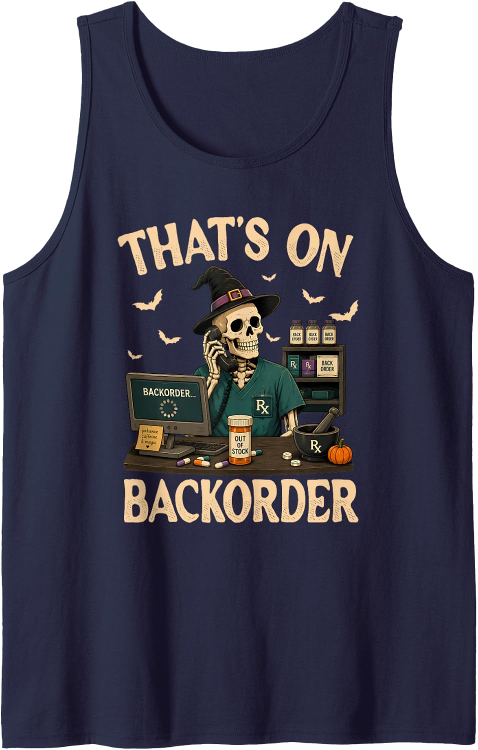 Pharmacy Technician Skeleton Pharmacist Halloween Costume Sleeveless Tank Top - Navy Blue