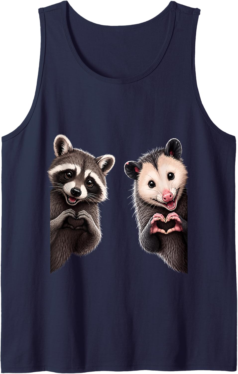 Funny Raccoon and Opossum Peeking Heart Sign Cute Valentines Sleeveless Tank Top - Navy Blue