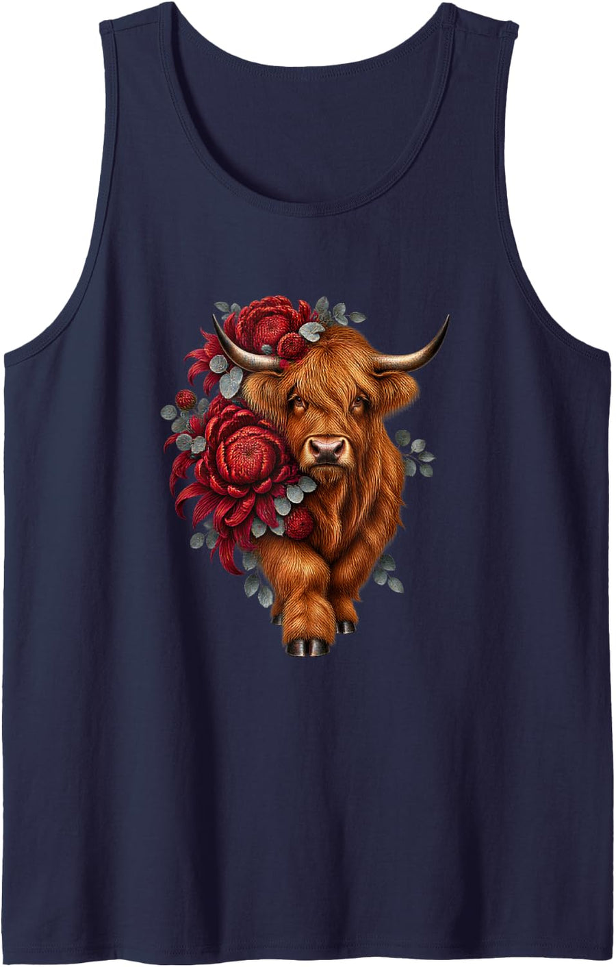 Highland Cow with Red Chrysanthemums and Silver Eucalyptus Sleeveless Tank Top - Navy Blue