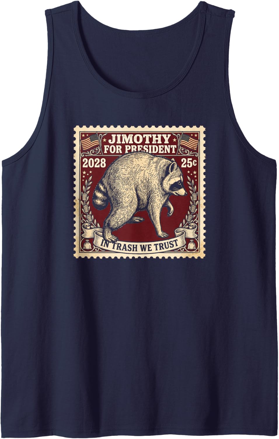Jimothy for President 2028 Raccoon Stamp Parody Sleeveless Tank Top - Navy Blue