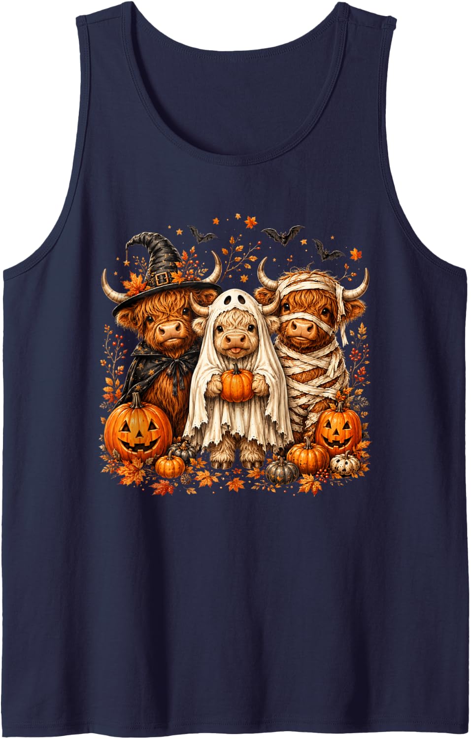 Highland Cow Ghost Pumpkin Sunflower Fall Autumn Halloween Sleeveless Tank Top - Navy Blue