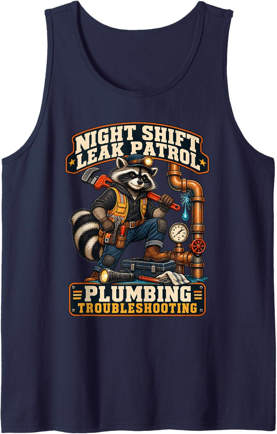 Raccoon Plumber Night Shift Leak Patrol Sleeveless Tank Top - Navy Blue