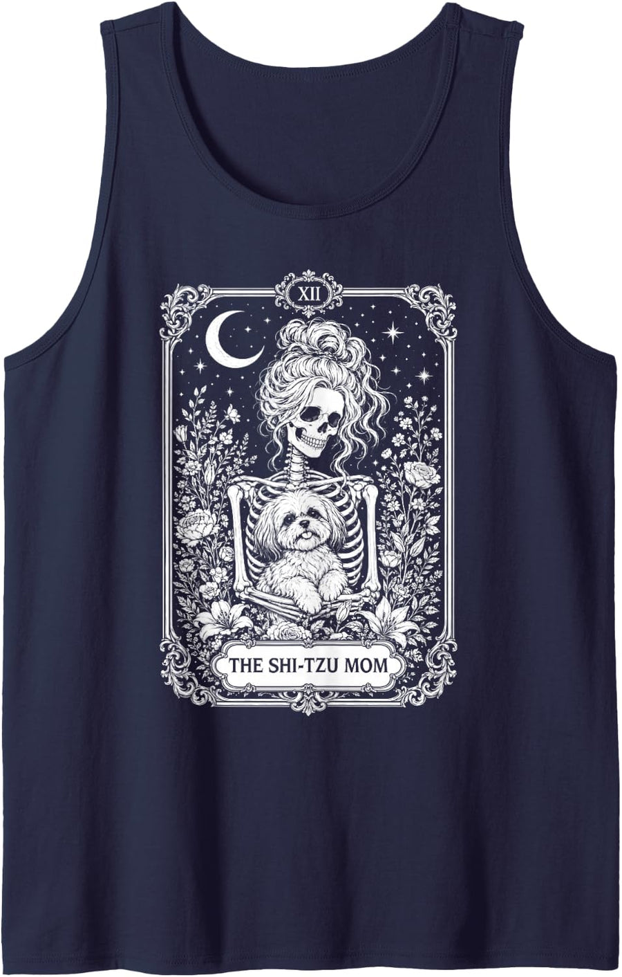 The Shih Tzu Mom Tarot Card Skeleton Dog Mom Halloween Day Sleeveless Tank Top - Navy Blue