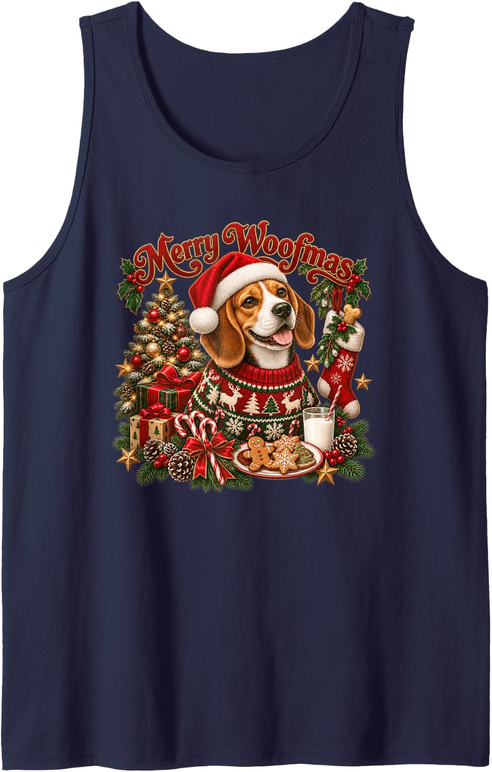 Merry Woofmas Beagle Santa Christmas Sleeveless Tank Top - Navy Blue