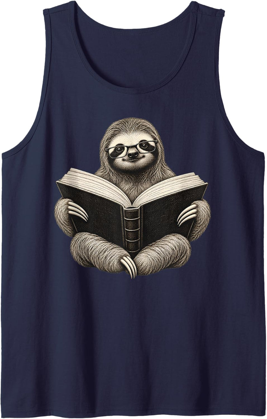 Reading Sloth with Glasses Book Lover Library Funny Humor Sleeveless Tank Top - Navy Blue