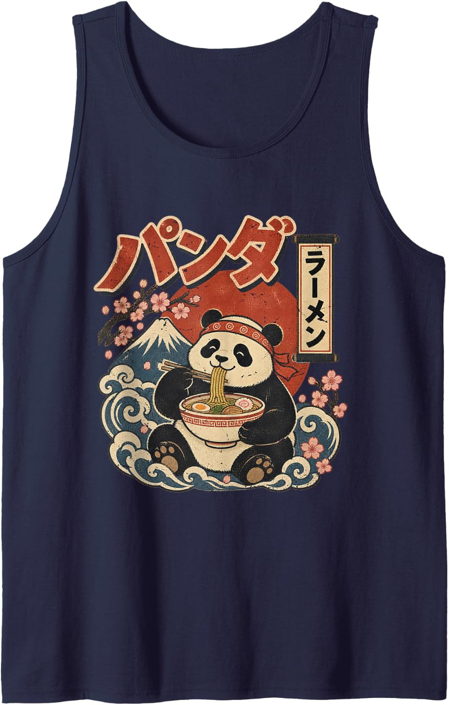Retro Japanese Panda Eating Bowl of Ram Vintage Sleeveless Tank Top - Navy Blue