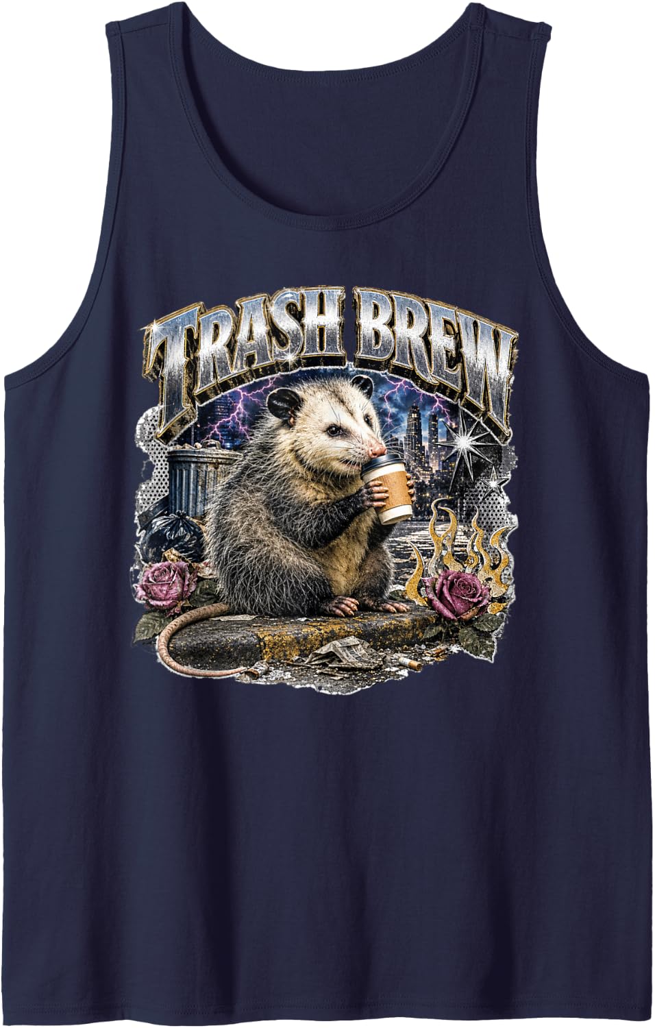Trash Brew Opossum Coffee Humor Sleeveless Tank Top - Navy Blue