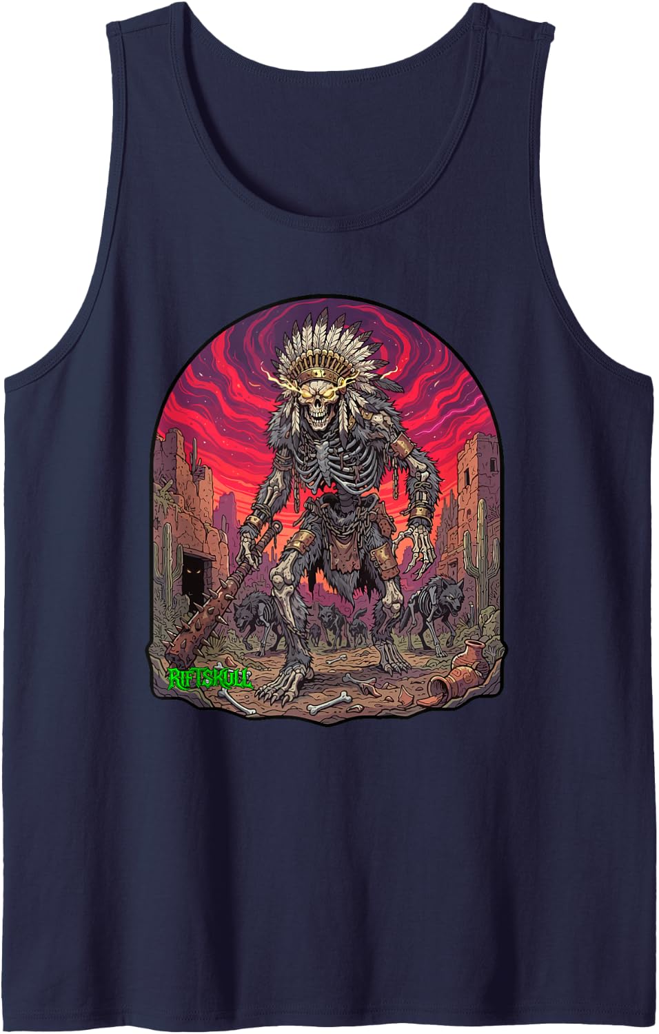 Skeleton Native American Chieftain Heavy Metal Rock Gothic Sleeveless Tank Top - Navy Blue