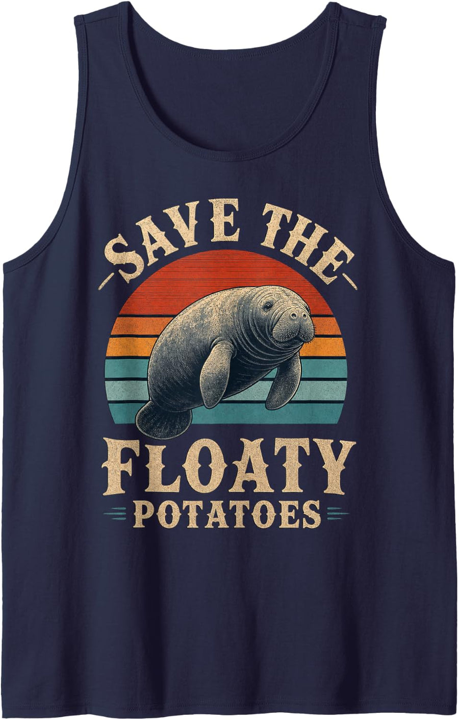 Save The Floaty Potatoes Manatee Retro Sunset Sleeveless Tank Top - Navy Blue