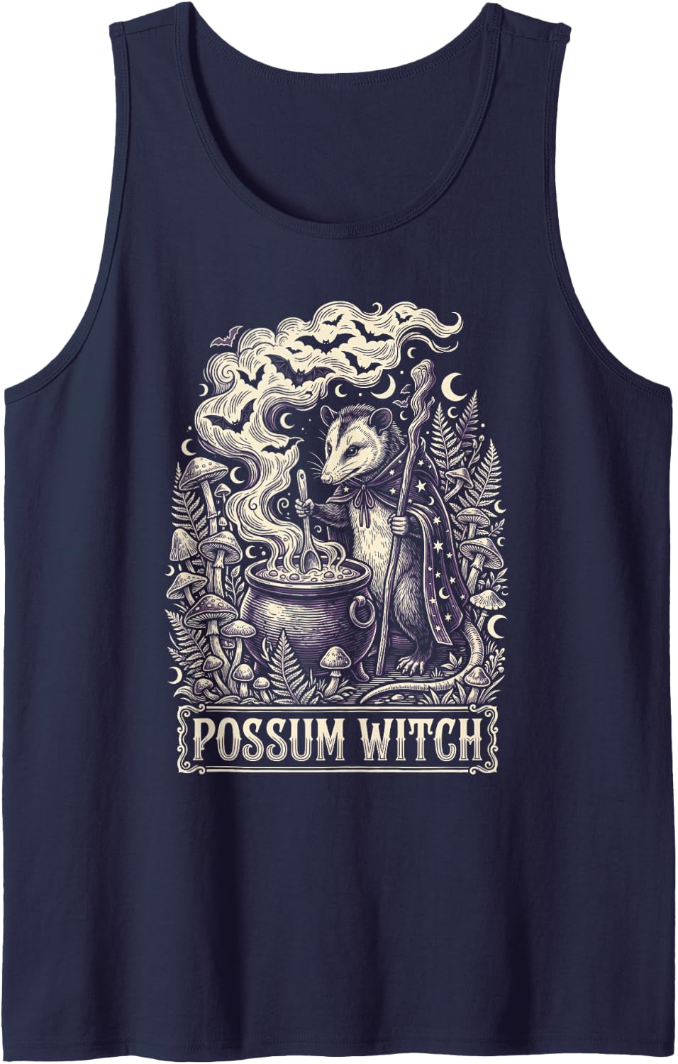 Opossum Witch Halloween Vintage Woodcut Cauldron Art Sleeveless Tank Top - Navy Blue