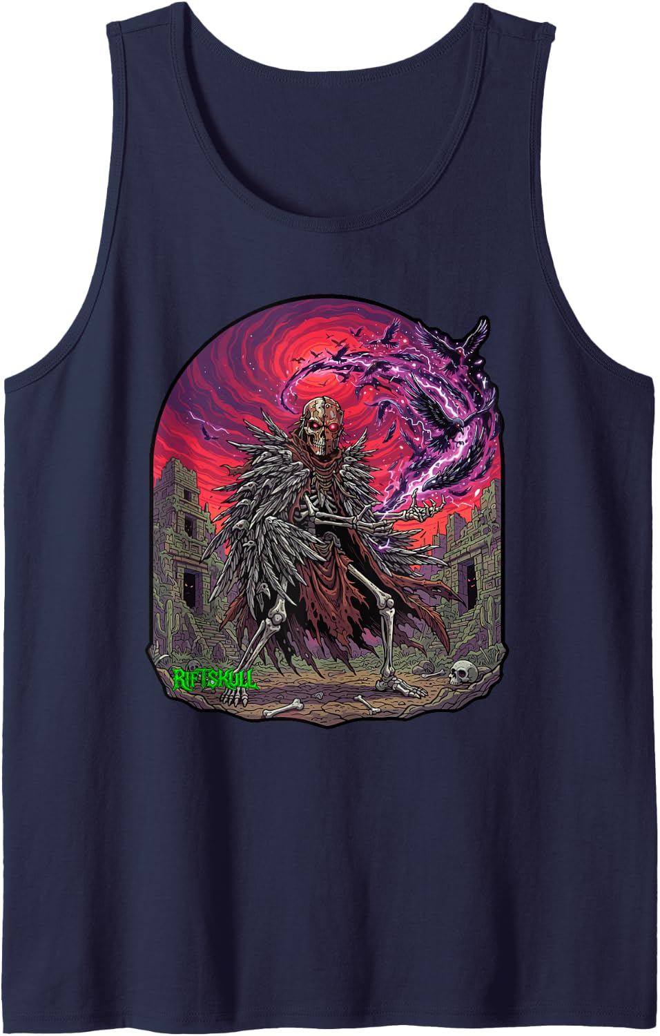 Native American Crow Shaman Skeleton Heavy Metal Rock Gothic Sleeveless Tank Top - Navy Blue