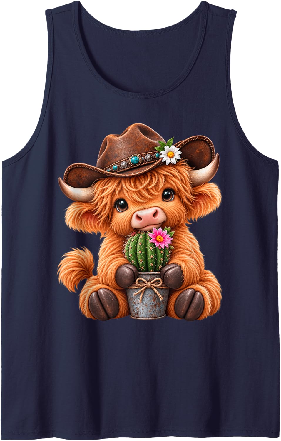 Cowboy Highland Cow Design Cactus and Highland Cow Tank Top - Navy Blue
