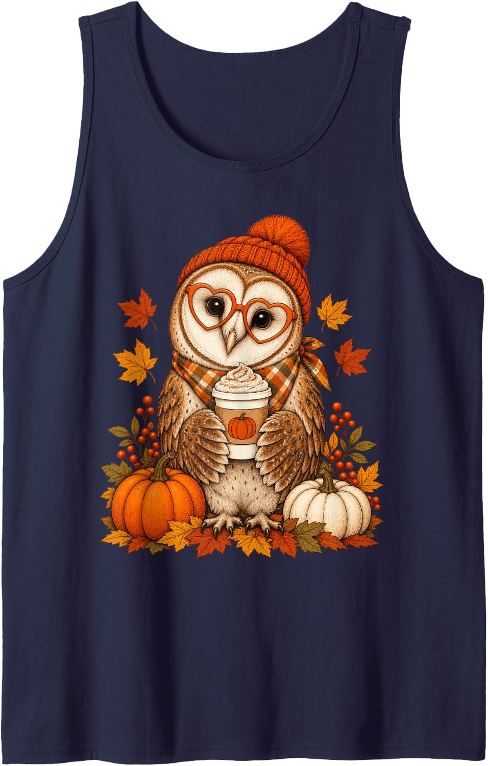 Barn Owl Fall Autumn Season Pumpkin Spice Sleeveless Tank Top - Navy Blue