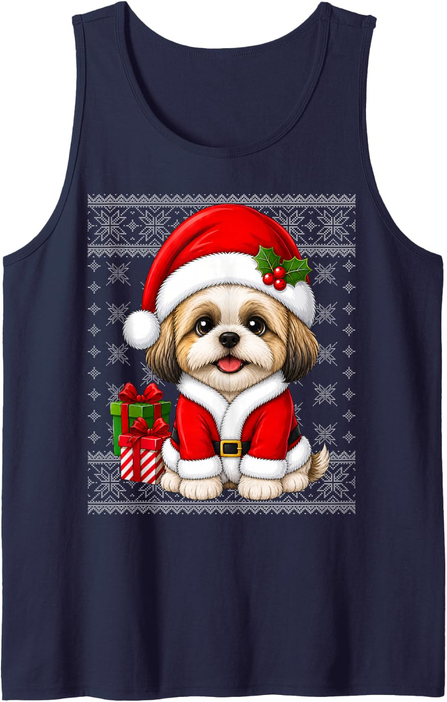 Shih Tzu Dog in Christmas Santa Costume Ugly Sweaters Xmas Sleeveless Tank Top - Navy Blue