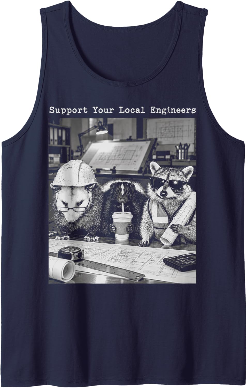 Opossum Skunk Raccoon Construction Crew Engineers Sleeveless Tank Top - Navy Blue