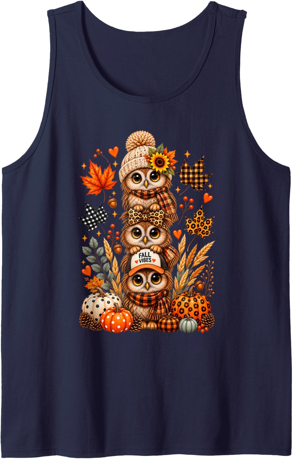 Cute Owl Leopard Bow Fall Autumn Pumpkin for Women Sleeveless Tank Top - Navy Blue