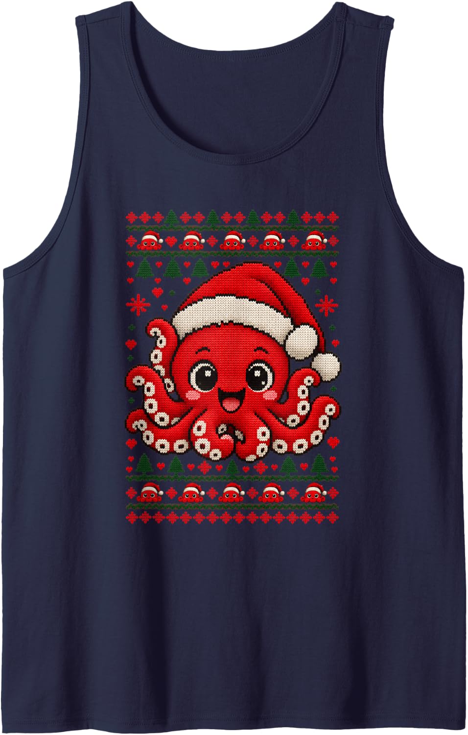 Happy Octopus Christmas Santa Hat Sweater Men Women Sleeveless Tank Top - Navy Blue