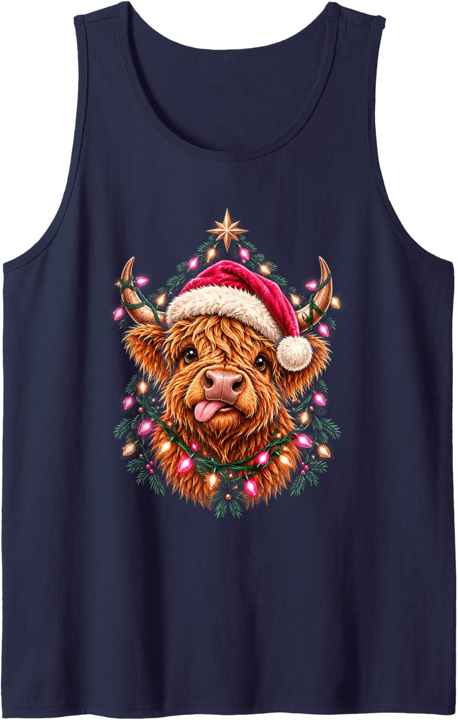 Highland Cow Wearing Santa Hat with Lights Christmas Farmers Sleeveless Tank Top - Navy Blue