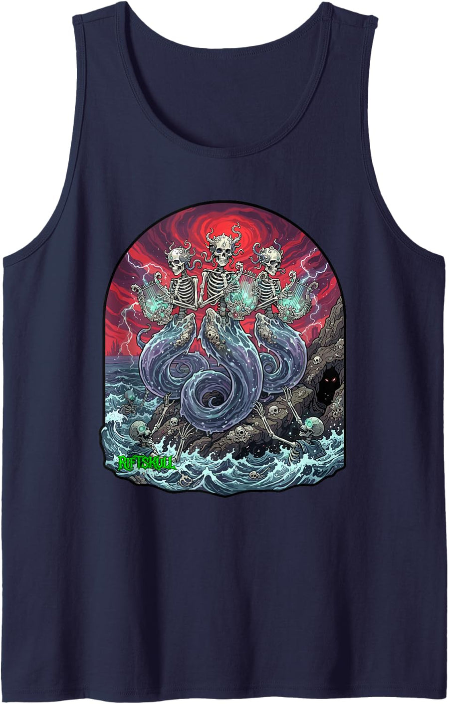 Skeleton Sirens Greek Mythology Heavy Metal Rock Gothic Sleeveless Tank Top - Navy Blue