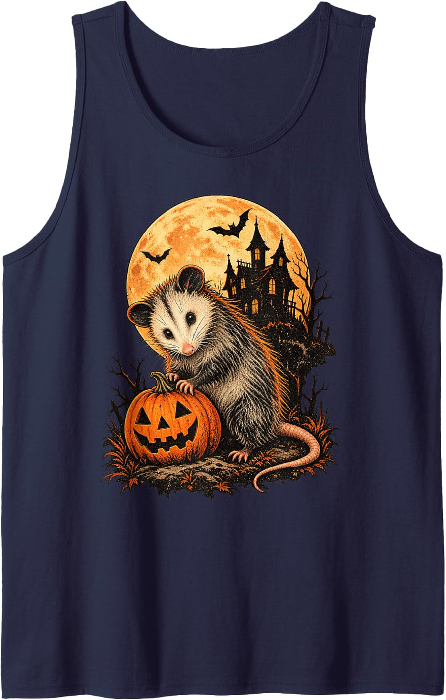 Vintage Opossum Halloween Spooky Possum Pumpkin Sleeveless Tank Top - Navy Blue