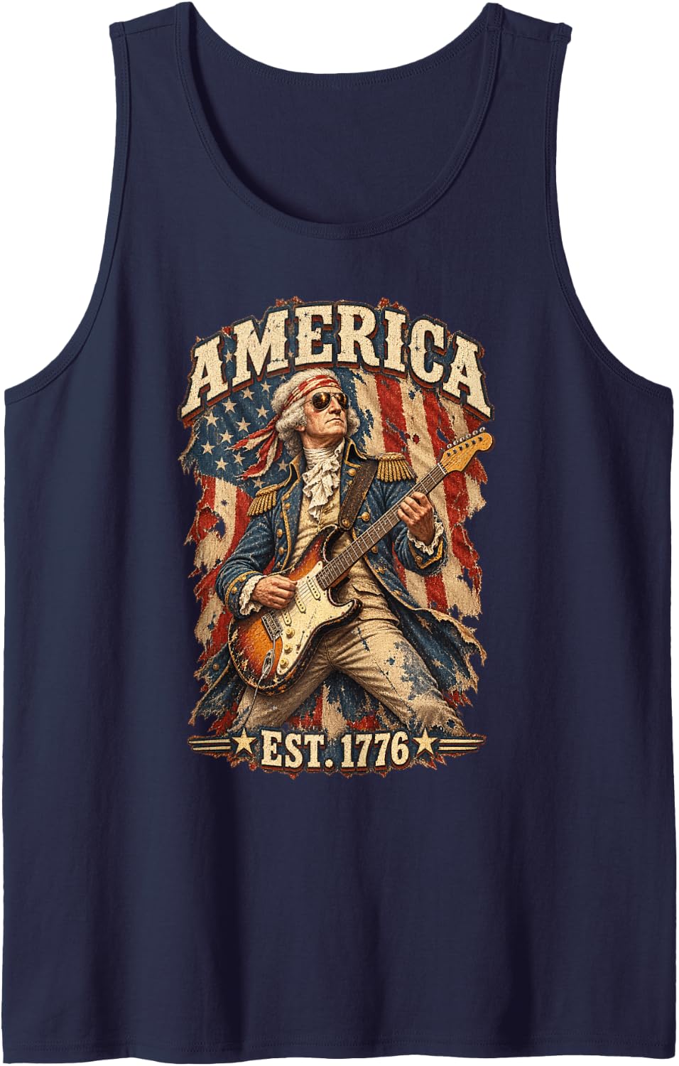 George Washington Playing Guitar Funny 4th of July President Sleeveless Tank Top - Navy Blue