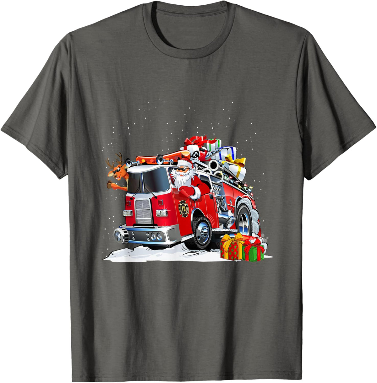 Firefighter Santa Fireman Driving Fire Truck Merry Christmas T-Shirt - Asphalt Grey