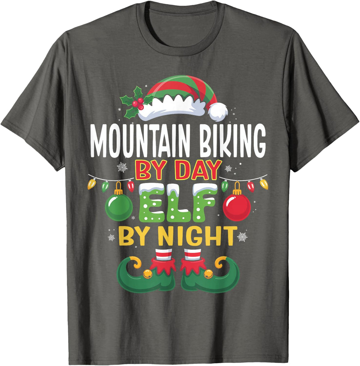 Christmas Mountain Biking By Day Elf By Night Matching T-Shirt - Asphalt Grey