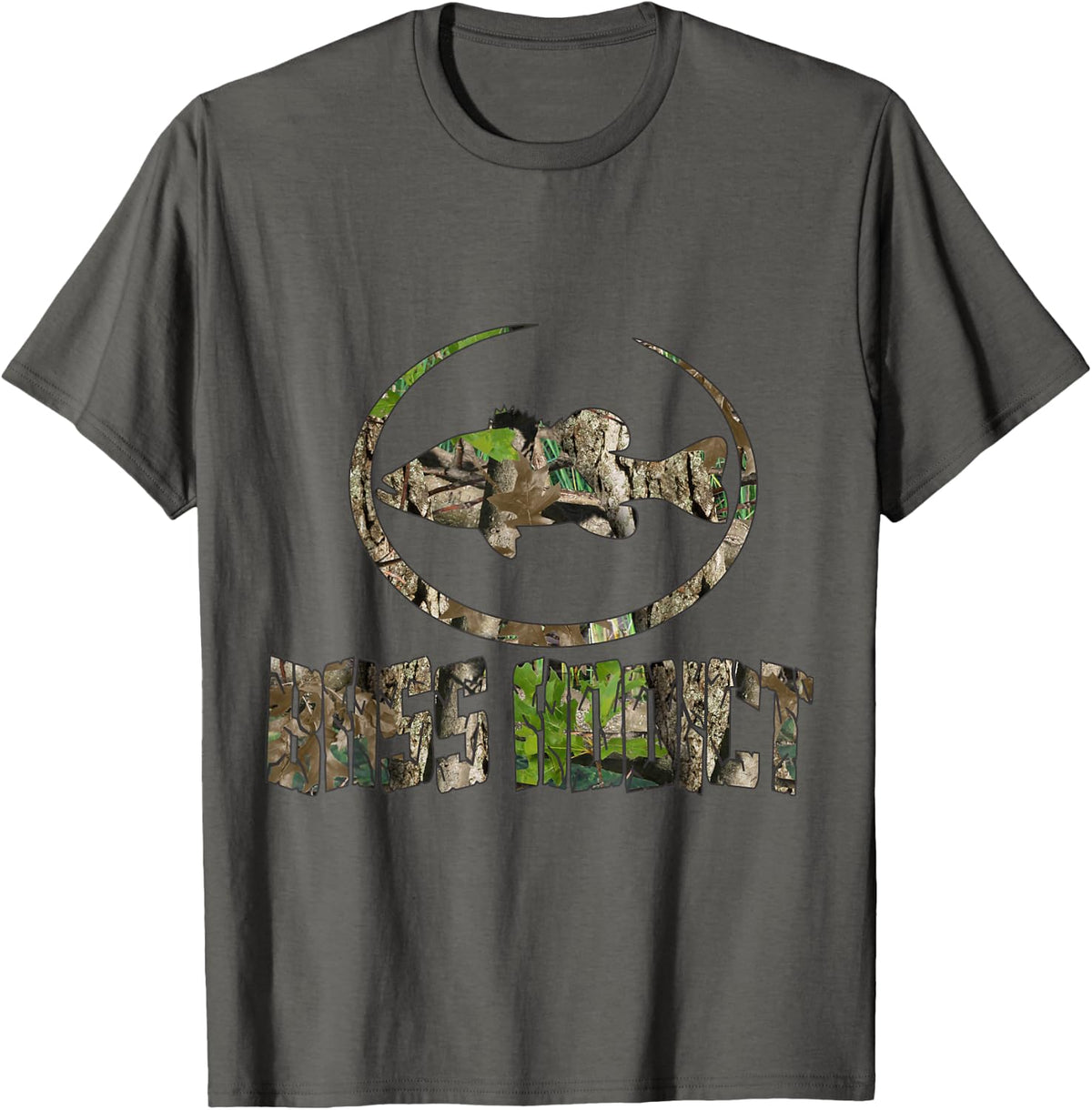 Bass Addict Angler Camo Pattern Fishing T-Shirt - Asphalt Grey